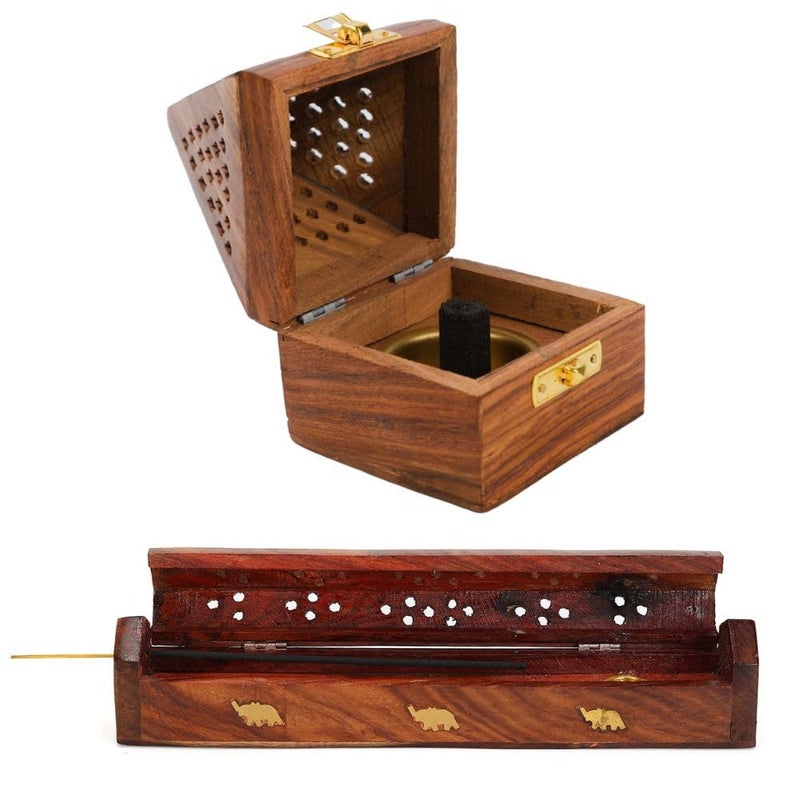 DigiRake Wooden Agarbatti Dhoop Stand Combo Handcrafted Incense Stick Holder with Ash Catcher 2in1 Agarbatti Storage Burning Stand for Pooja Room Meditation Home Decor