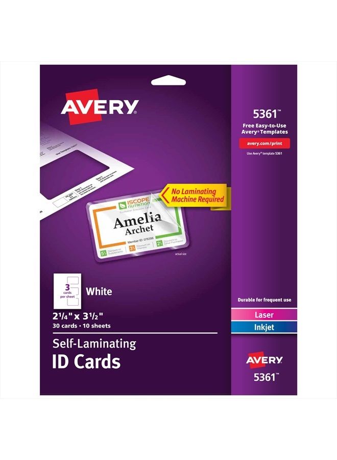 Avery Self Laminating Cards, Printable, 2-1/4" x 3-1/2", 30 ID Badge Holders (5361) - White - Image 1