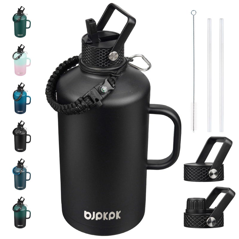 BJPKPK 1 Gallon Water Bottle Insulated with Straw Lid, 128oz Large, Stainless Steel Water Bottles with 3 Lids and Paracord Strap, Double Wall Vacuum Metal Water Jug,Black - Image 1