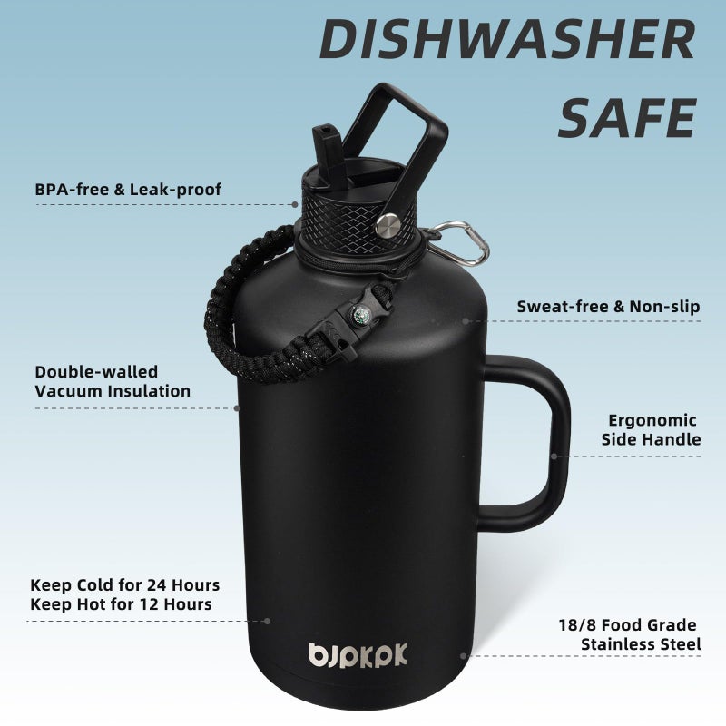 BJPKPK 1 Gallon Water Bottle Insulated with Straw Lid, 128oz Large, Stainless Steel Water Bottles with 3 Lids and Paracord Strap, Double Wall Vacuum Metal Water Jug,Black - Image 2