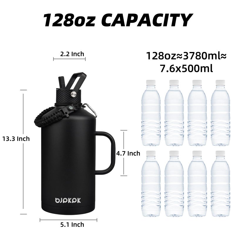 BJPKPK 1 Gallon Water Bottle Insulated with Straw Lid, 128oz Large, Stainless Steel Water Bottles with 3 Lids and Paracord Strap, Double Wall Vacuum Metal Water Jug,Black - Image 5