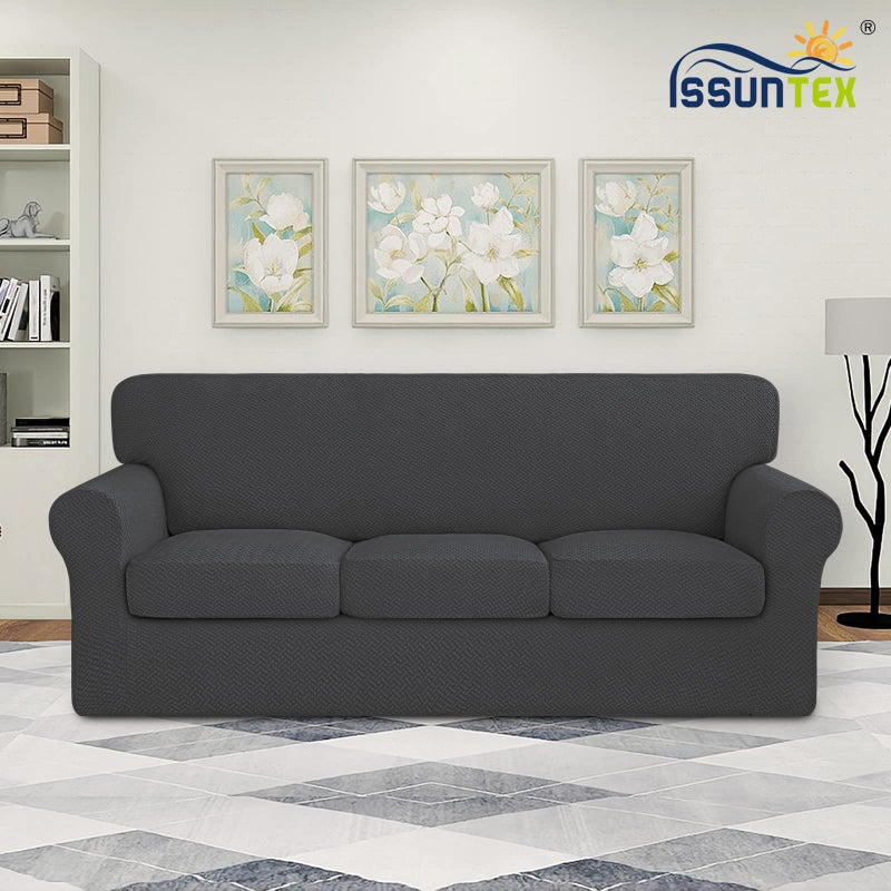 ISSUNTEX 4 Pieces High Stretch Thicken Couch Covers, Soft Sofa Slipcover for 3 Separate Cushion , Jacquard Fabric Elastic Furniture Protector for Dogs (Sofa, Dark Gray) - Image 2