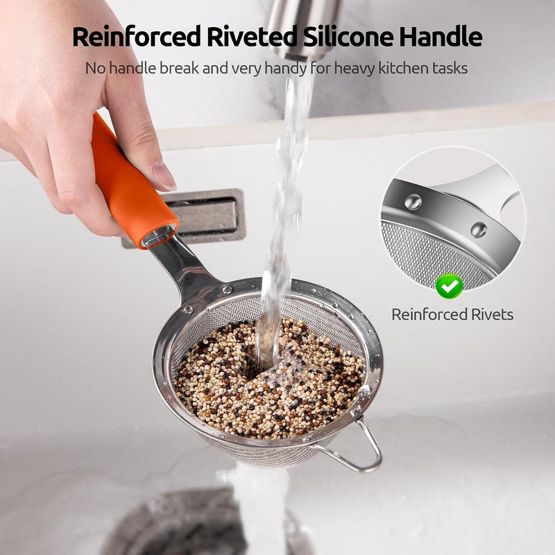U-Taste 8.5cm Wide Mesh Strainer: 18/8 Stainless Steel 30-Mesh Fine Food Sieve with Upgraded Heavy Duty Riveted Silicone Handle, 5.5cm Deep Metal Kitchen Colander for Baking Sugar, Tea (Orange) - Image 3