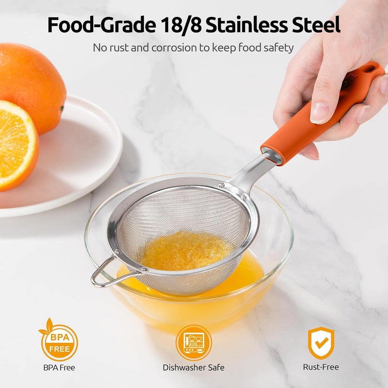 U-Taste 8.5cm Wide Mesh Strainer: 18/8 Stainless Steel 30-Mesh Fine Food Sieve with Upgraded Heavy Duty Riveted Silicone Handle, 5.5cm Deep Metal Kitchen Colander for Baking Sugar, Tea (Orange) - Image 2