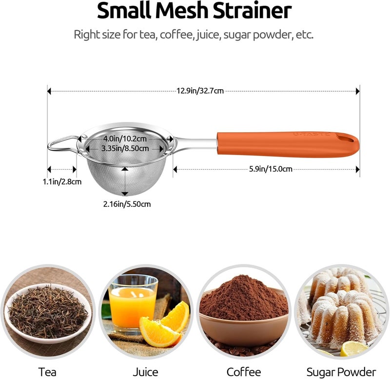 U-Taste 8.5cm Wide Mesh Strainer: 18/8 Stainless Steel 30-Mesh Fine Food Sieve with Upgraded Heavy Duty Riveted Silicone Handle, 5.5cm Deep Metal Kitchen Colander for Baking Sugar, Tea (Orange) - Image 1
