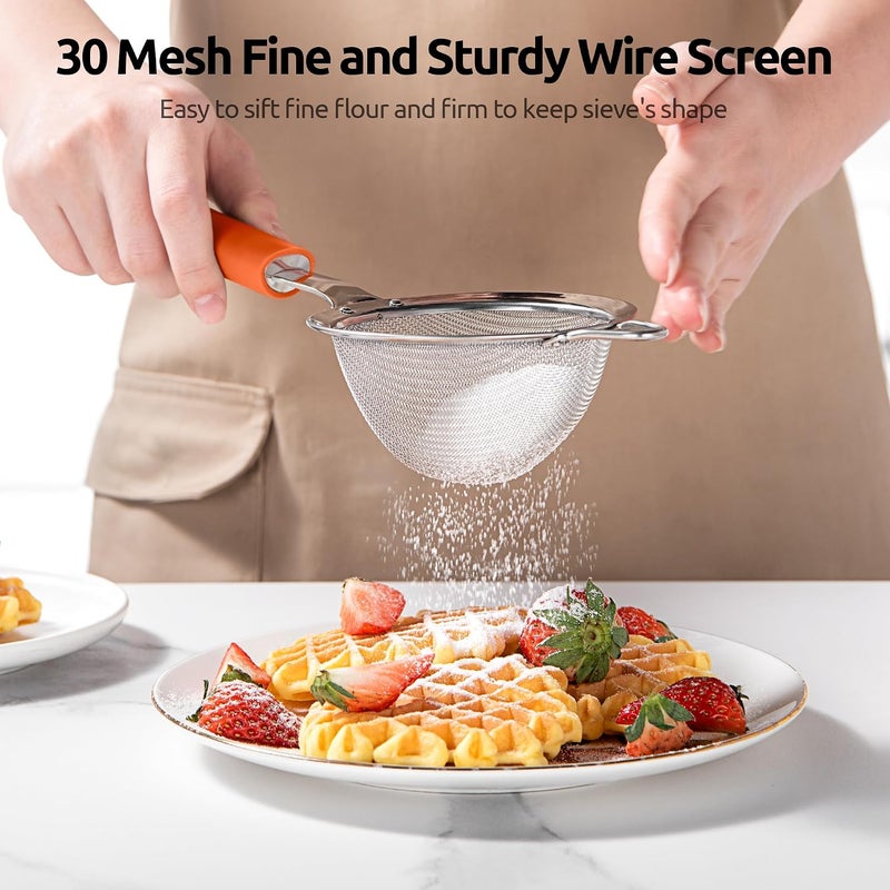 U-Taste 8.5cm Wide Mesh Strainer: 18/8 Stainless Steel 30-Mesh Fine Food Sieve with Upgraded Heavy Duty Riveted Silicone Handle, 5.5cm Deep Metal Kitchen Colander for Baking Sugar, Tea (Orange) - Image 4