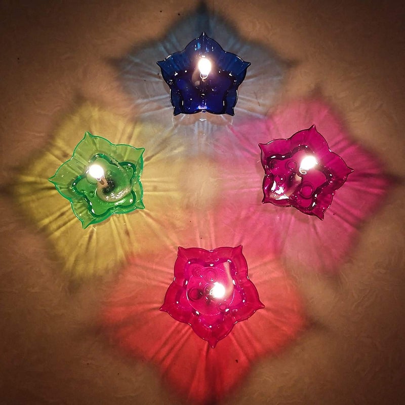 Dhanuom 3D Reflection Diya Diwali Decoration Items for Home Decor Transparent Multicolor Water Floating Reflections Plastic Oil Diya for Home Diwali Festival Decoration 12 Diya