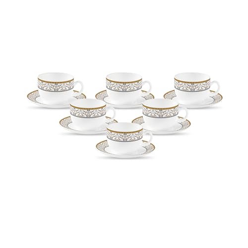 La Opala Diva, Sovrana Collection Opal Glass Crockery | Cup & Saucer, Set of 12 | Moroccan Gold, 160 ml | for Tea & Coffee | Microwave Safe | 100% Vegetarian | Extra Strong | Super Light | Super White - Image 1