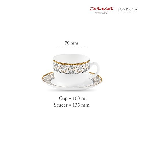 La Opala Diva, Sovrana Collection Opal Glass Crockery | Cup & Saucer, Set of 12 | Moroccan Gold, 160 ml | for Tea & Coffee | Microwave Safe | 100% Vegetarian | Extra Strong | Super Light | Super White - Image 2