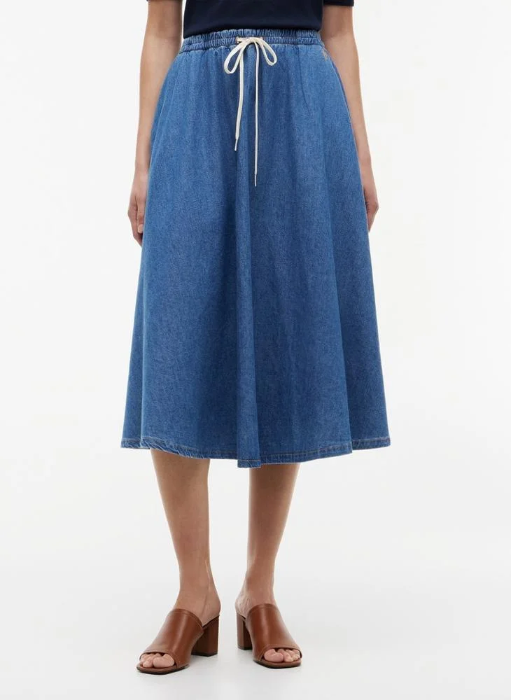 Logo Relaxed Denim Flared Midi Skirt