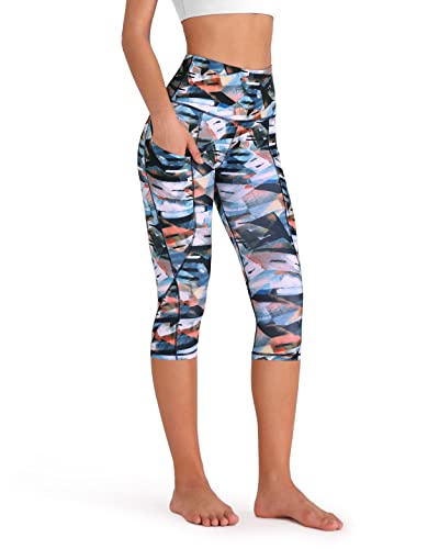 ODODOS Women's High Waisted Pattern Yoga Capri Leggings with Pockets, Tummy Control Non See Through Sports Athletic Workout Running Capris, FineArt, Large - Image 1