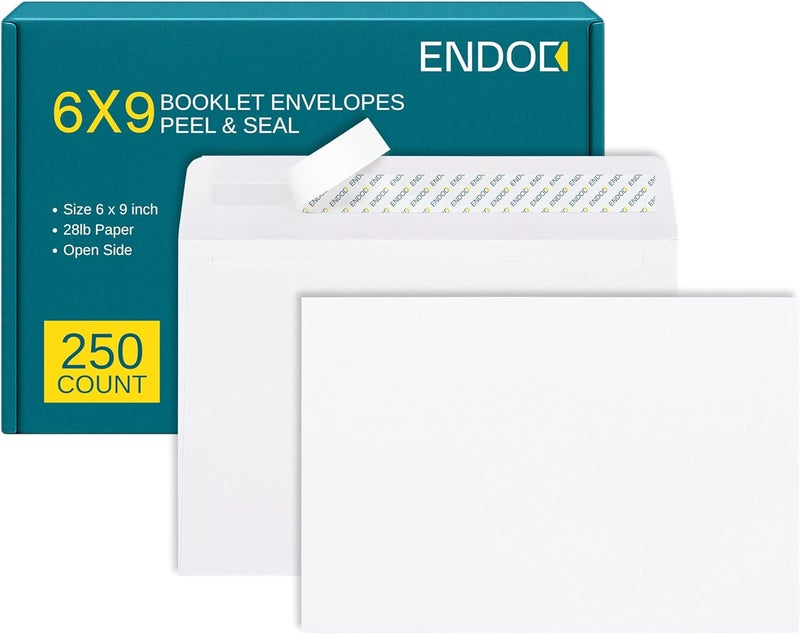 EnDoc 6x9 Booklet Envelopes - 250 Pack - Self Seal Mailing Envelopes - White Letter With Peel & Seal Closure - Open-Side - 28 Lb Paper - Plain for Business and Personal Use - Image 1