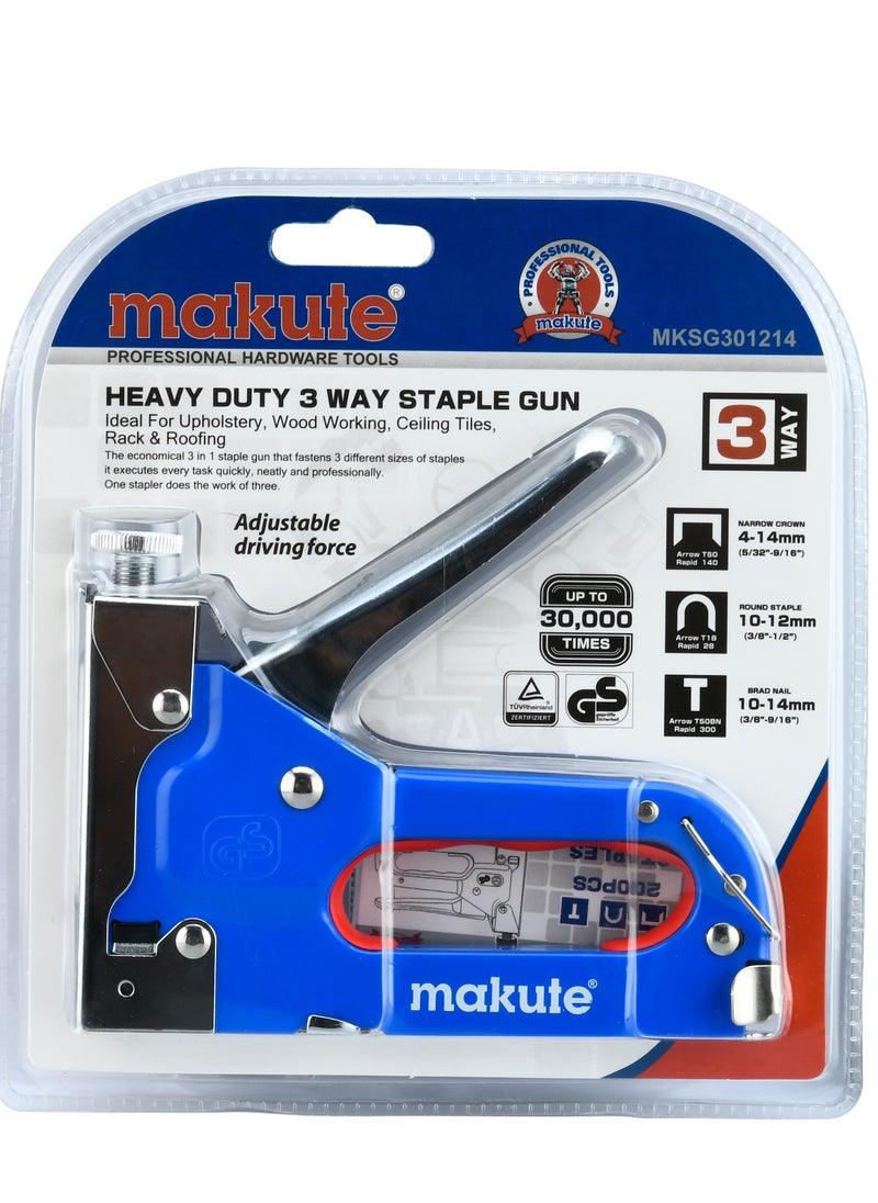 makute - Heavy Duty 3-Way Staple Gun, Ideal for Upholstery, Woodworking, Ceiling Tiles, Roofing, Fits Narrow Crown Staples (4-14mm), Round Staples (10-12mm), Brads (10-14mm), 100-Piece Capacity, MKSG301214 - Image 1