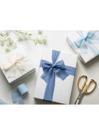 3 Rolls Handmade Blue Ribbon Chiffon Silk Ribbon 1 1/2 Inch x 21Yd Handmade Frayed Edge White Dusty Blue Ribbons for Gift Wrapping Bridal Bouquets Baby Shower Wedding Invitations(4cm*5m) - view 3