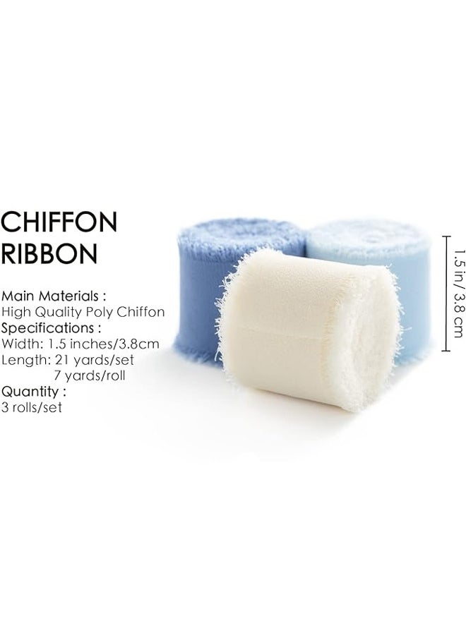 Zeemey 3 Rolls Handmade Blue Ribbon Chiffon Silk Ribbon 1 1/2 Inch x 21Yd Handmade Frayed Edge White Dusty Blue Ribbons for Gift Wrapping Bridal Bouquets Baby Shower Wedding Invitations(4cm*5m)  - Image 2