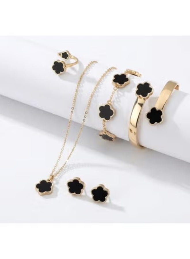 veya Women’s Luxury 6-Piece Black Clover Jewelry Set – Necklace, Bracelet, Ring, Earrings and Additional Accessory for an Elegant Look - Image 1
