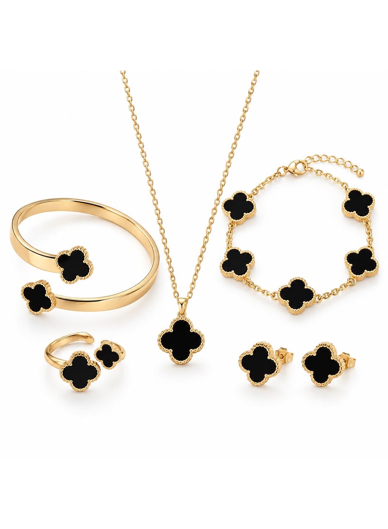 veya Women’s Luxury 6-Piece Black Clover Jewelry Set – Necklace, Bracelet, Ring, Earrings and Additional Accessory for an Elegant Look - Image 2