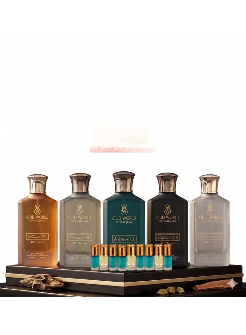 Oud World عرض سلسلة 4 من عود وورلد المميزة | مجموعة من 5 × 100 مل | عطور عربية شرقية طويلة الأمد - Image 1