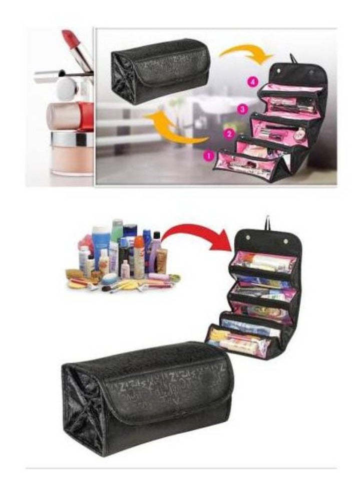 حقيبة مكياج منظمة لمستحضرات التجميل قابلة للطي، حقيبة شفافة متعددة الوظائف، سعة كبيرة لمستحضرات التجميل والمجوهرات وإكسسوارات السفر والإلكترونيات (أسود) - Image 2