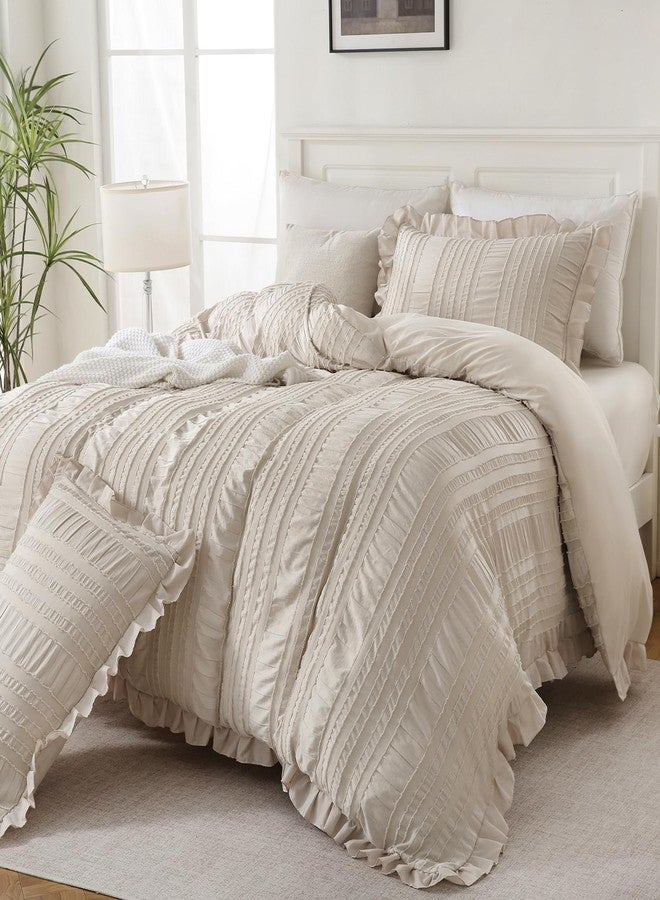 MOVE OVER Beige Comforter Set Queen Boho Comforter Set 3 Pieces Beige Ruffle Comforter Sets for Queen Bed Soft Microfiber Textured Design Seersucker Bedding Set with 2 Boho Pillow Shams - Image 2