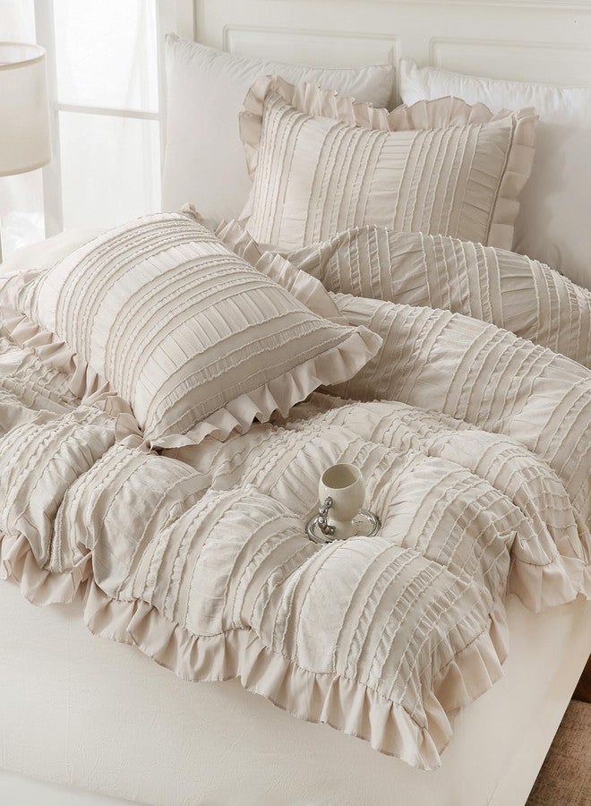 MOVE OVER Beige Comforter Set Queen Boho Comforter Set 3 Pieces Beige Ruffle Comforter Sets for Queen Bed Soft Microfiber Textured Design Seersucker Bedding Set with 2 Boho Pillow Shams - Image 3