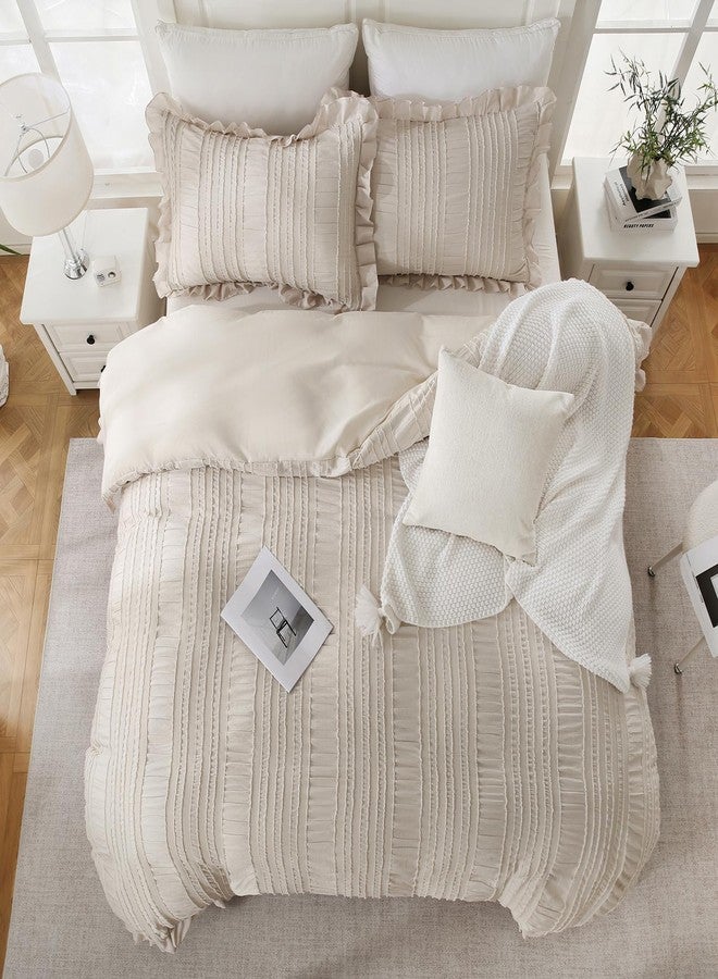 MOVE OVER Beige Comforter Set Queen Boho Comforter Set 3 Pieces Beige Ruffle Comforter Sets for Queen Bed Soft Microfiber Textured Design Seersucker Bedding Set with 2 Boho Pillow Shams - Image 4
