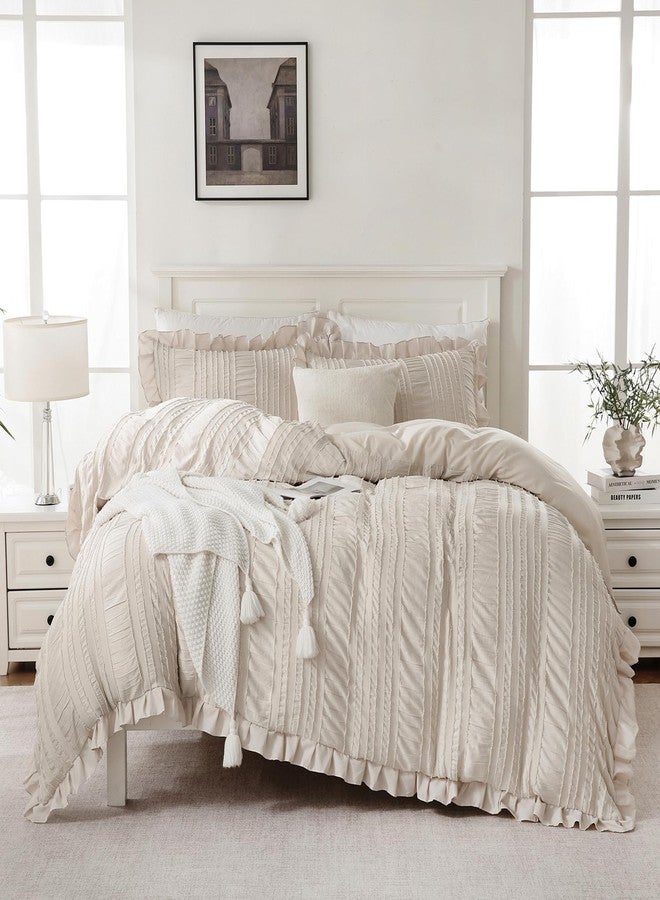 MOVE OVER Beige Comforter Set Queen Boho Comforter Set 3 Pieces Beige Ruffle Comforter Sets for Queen Bed Soft Microfiber Textured Design Seersucker Bedding Set with 2 Boho Pillow Shams - Image 1