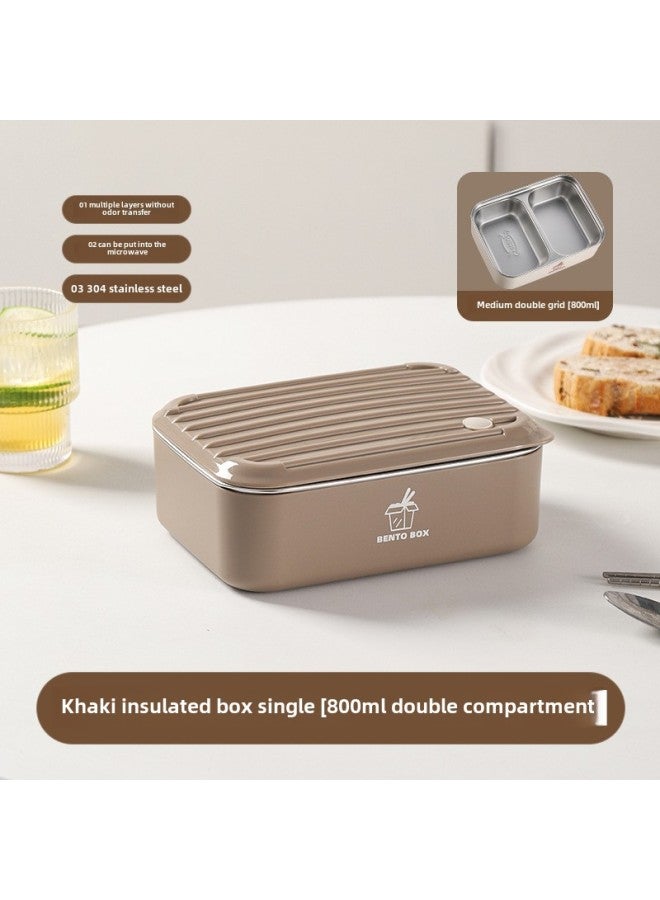 Large Capacity Microwave Preservation Box Lunch Box Heating Student Lunch Box Stainless Steel Lunch Box Office Tape-Specifications:Brown 800ml*1 - Image 1