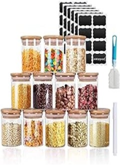 O9 O-Nine O9 O-NINE Glass Jars Set 9OZ, 12 Set Glass Spice Jars with Bamboo Airtight Lids and Labels, Food Cereal Storage Spice Containers for Home Kitchen Tea Herbs Coffee Flour Herbs Grains 