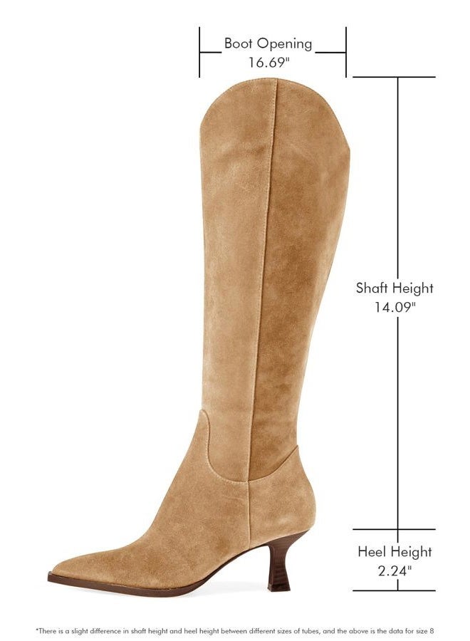 Coutgo Womens Knee High Boots Kitten Heel Pointed Toe Tall Boots Side Zipper Fall Winter Shoes, Khaki, 9.5 - Image 4
