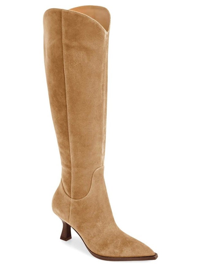 Coutgo Womens Knee High Boots Kitten Heel Pointed Toe Tall Boots Side Zipper Fall Winter Shoes, Khaki, 9.5 - Image 1