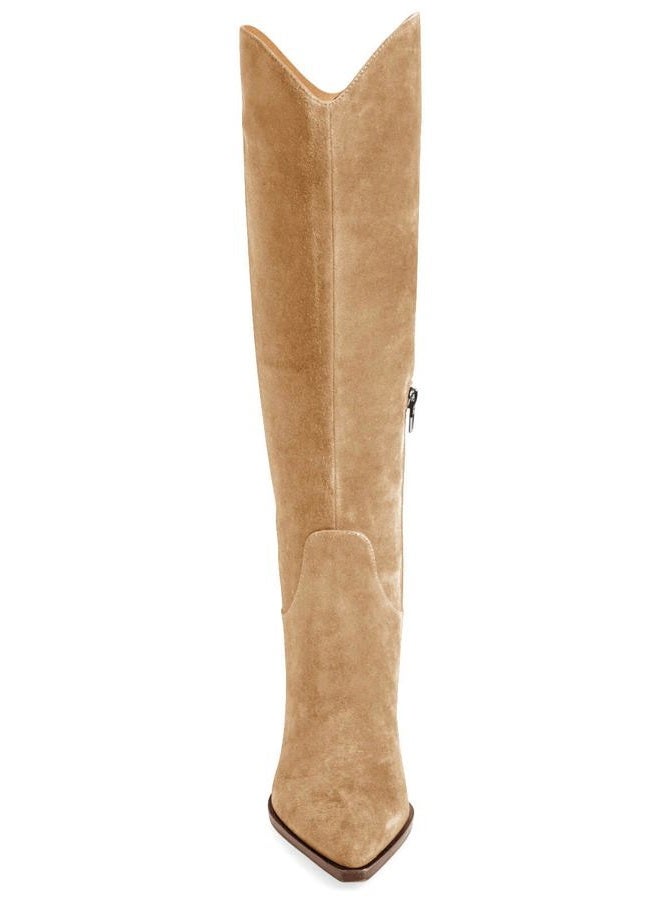Coutgo Womens Knee High Boots Kitten Heel Pointed Toe Tall Boots Side Zipper Fall Winter Shoes, Khaki, 9.5 - Image 5