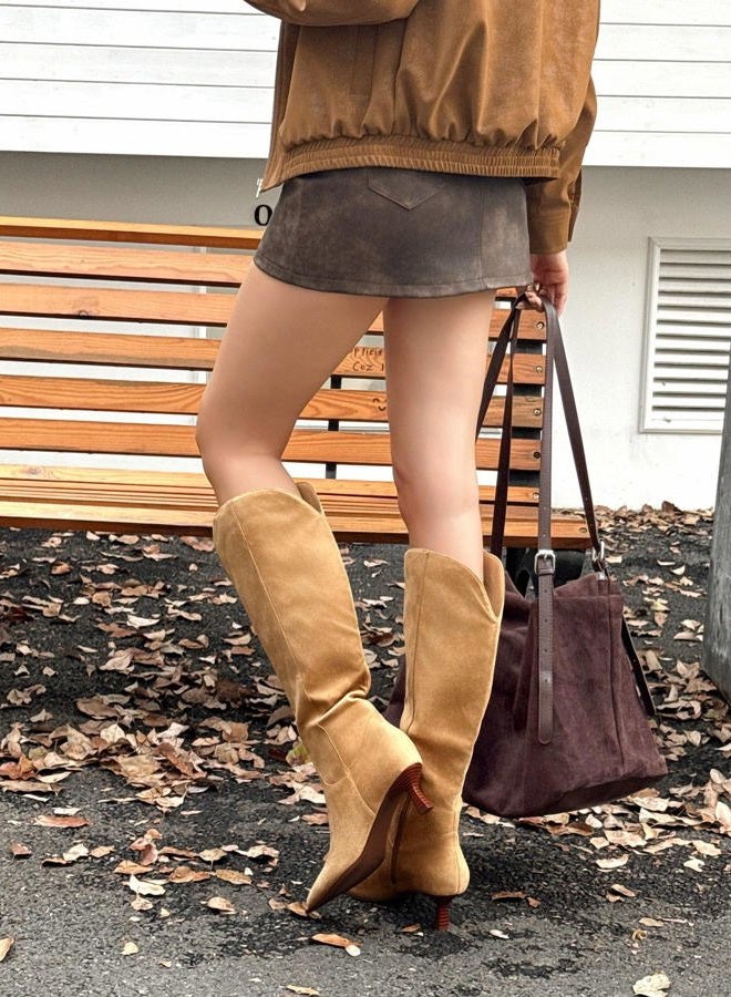 Coutgo Womens Knee High Boots Kitten Heel Pointed Toe Tall Boots Side Zipper Fall Winter Shoes, Khaki, 9.5 - Image 3