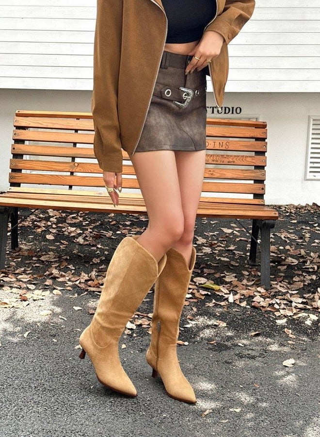 Coutgo Womens Knee High Boots Kitten Heel Pointed Toe Tall Boots Side Zipper Fall Winter Shoes, Khaki, 9.5 - Image 2