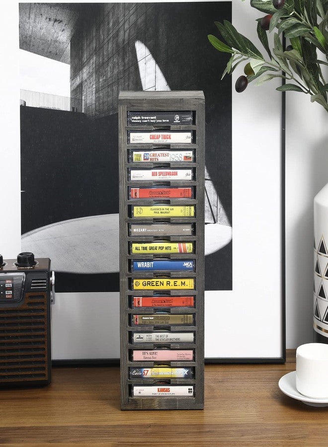 MyGift 16 Slot Cassette Tapes Tower, Vintage Gray Solid Wood Freestanding Audio Compact Cassettes Slotted Storage Rack, Analog Audiotapes Holder Stand, Fits Standard Cases Up to 0.7" Thick - Image 2