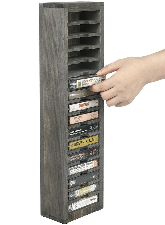 MyGift 16 Slot Cassette Tapes Tower, Vintage Gray Solid Wood Freestanding Audio Compact Cassettes Slotted Storage Rack, Analog Audiotapes Holder Stand, Fits Standard Cases Up to 0.7" Thick - Image 4
