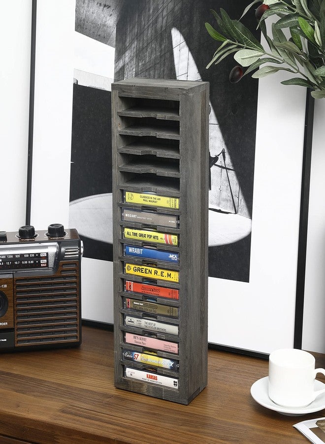 MyGift 16 Slot Cassette Tapes Tower, Vintage Gray Solid Wood Freestanding Audio Compact Cassettes Slotted Storage Rack, Analog Audiotapes Holder Stand, Fits Standard Cases Up to 0.7" Thick - Image 3