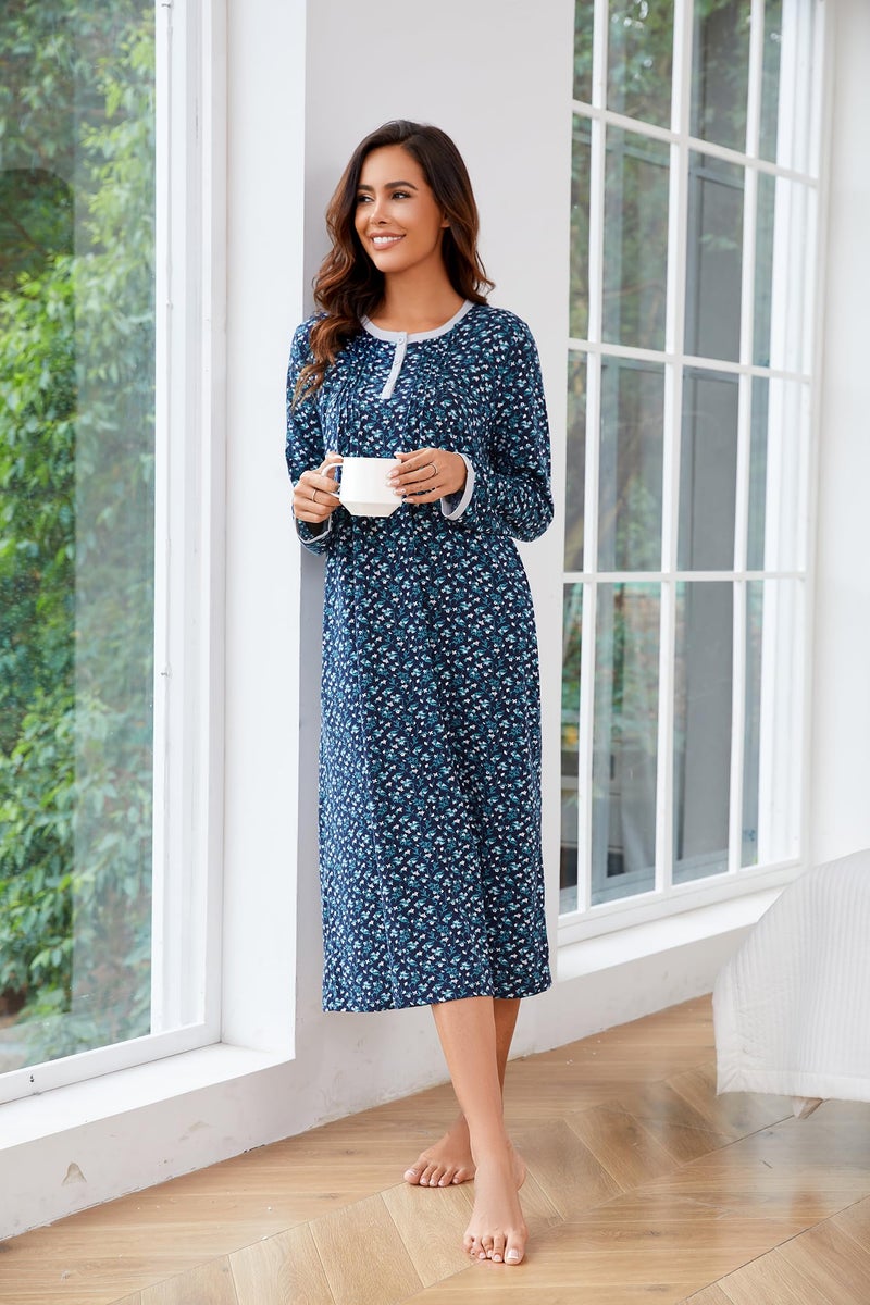 AVIIER Cotton Nightgowns for Women Soft Long Sleeve Night Gown with Pockets Navy flower XXL - Image 4