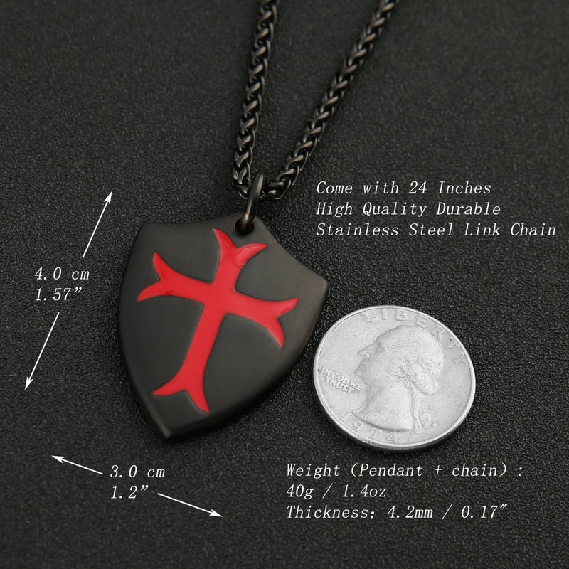 HZMAN Knights Templar Cross Joshua 1:9 Shield Stainless Steel Pendant Necklace with FREE 24 Inch Chain (Black Red) - Image 4