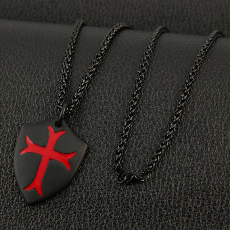 HZMAN Knights Templar Cross Joshua 1:9 Shield Stainless Steel Pendant Necklace with FREE 24 Inch Chain (Black Red) - Image 5