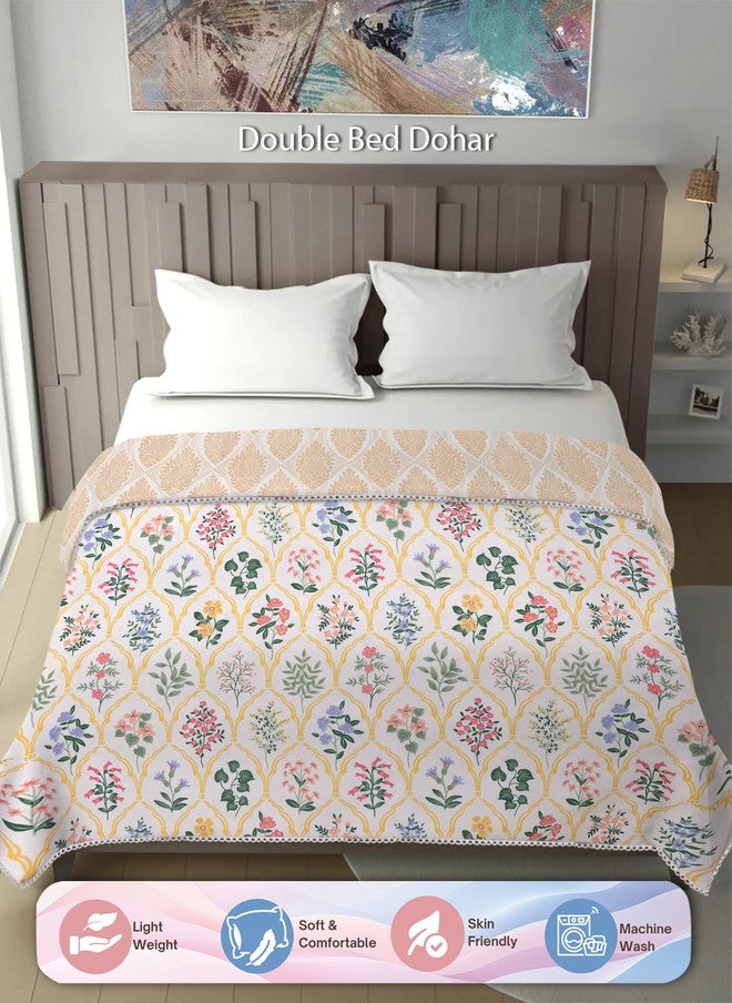 Arrabi Cream-Coloured & Green Floral Printed Mild Winter 300 GSM Dohar - Image 1