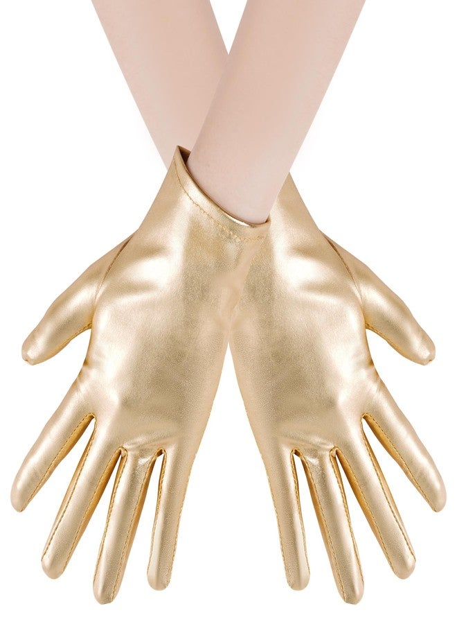 Rbenxia 1 Pair of Gold Shiny Metallic Spandex Gloves Faux Leather Cropped Gloves for Halloween Cosplay Costume Party Favors - Image 1