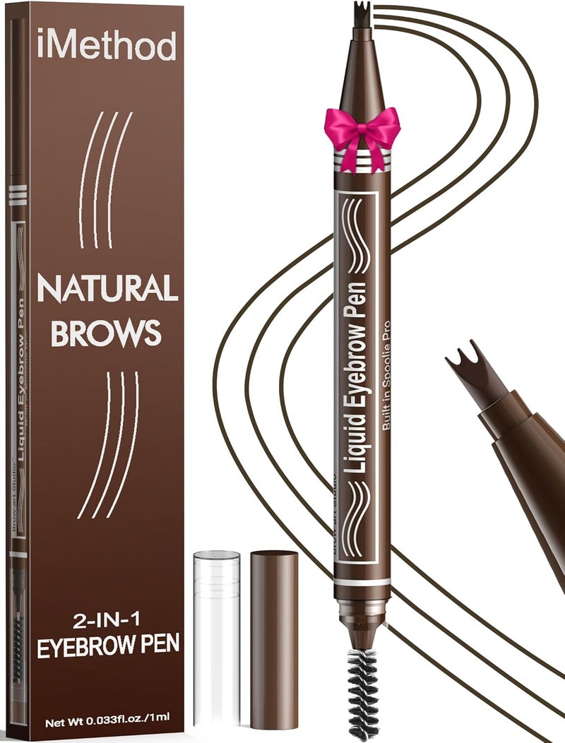 iMethod Microblading Eyebrow Pen - Eyebrow Pencil 2-in-1 Dual-Ended Eye Brow Pencils for Women with 3-Fork-Tip and Spoolie Brush Create Natural Hair-Like Defined Brows, Last All-Day, Black Brown