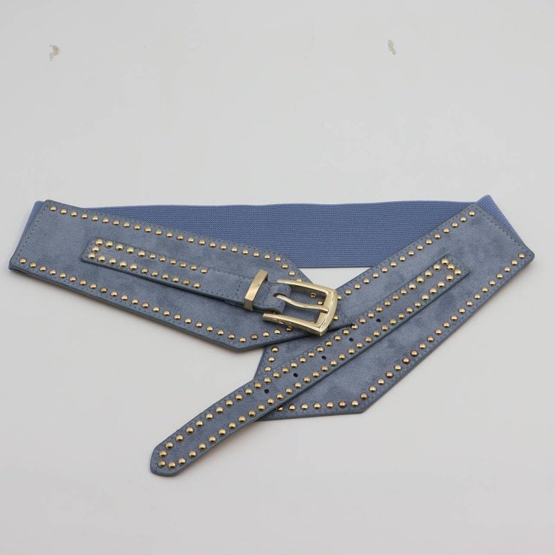 ZYALTFDC Women Elastic Wide Waist Cinch Rivets Belts Fashion Blue Stretchy Belt for Women Dresses Retro Studded Thick Chunky Gold Buckle Belts for Lady Girls Trendy Westren Wear Accessories Waistband - Image 3