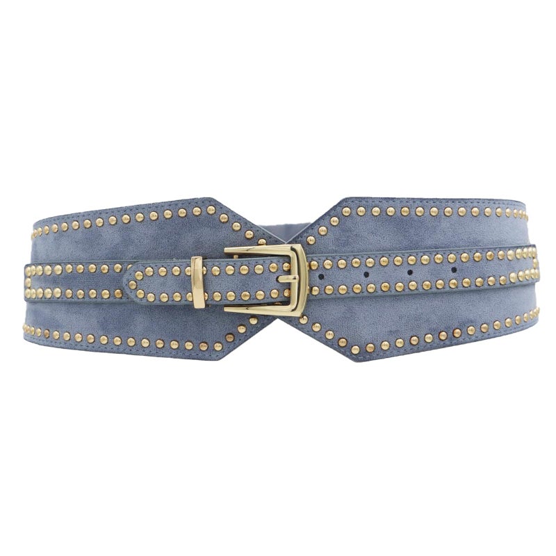 ZYALTFDC Women Elastic Wide Waist Cinch Rivets Belts Fashion Blue Stretchy Belt for Women Dresses Retro Studded Thick Chunky Gold Buckle Belts for Lady Girls Trendy Westren Wear Accessories Waistband - Image 1