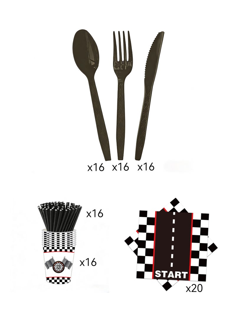 133 PCS Racing Car Party Supplies Race Car Tableware Set Serve 16 Guests Includes Race Car Plates Cups Napkins For Car Birthday Party Decorations Checkered Racing Car Birthday Party Supplies - Image 3