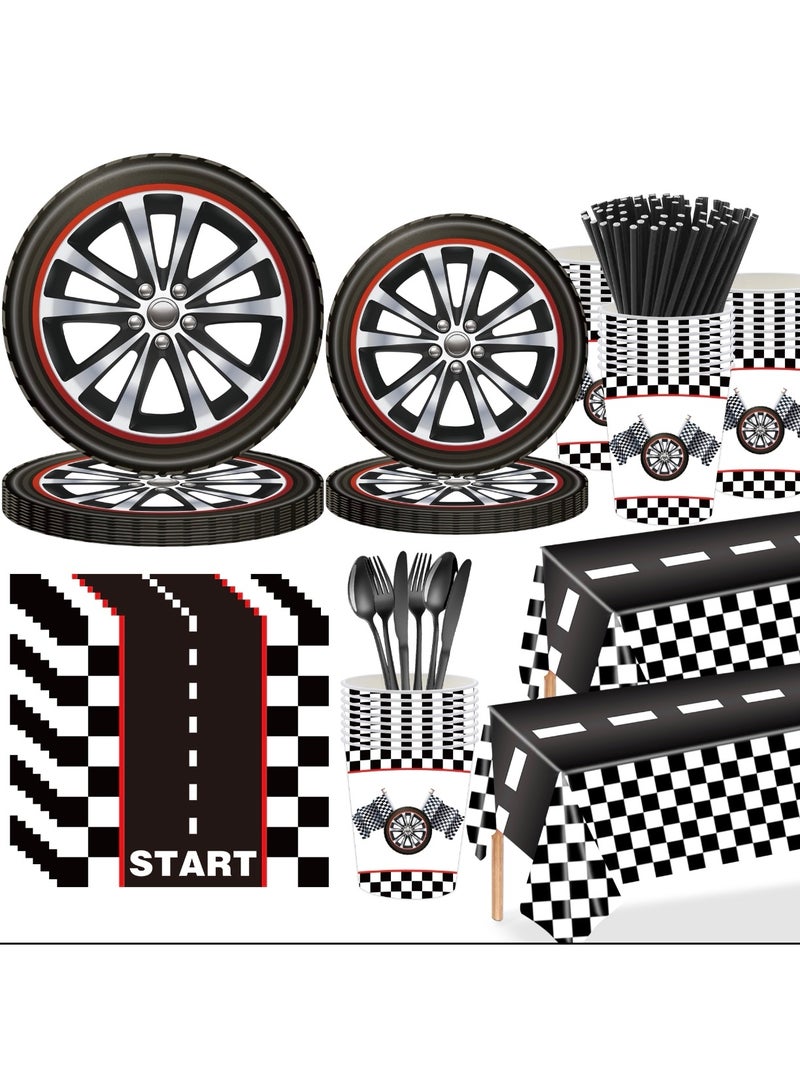 133 PCS Racing Car Party Supplies Race Car Tableware Set Serve 16 Guests Includes Race Car Plates Cups Napkins For Car Birthday Party Decorations Checkered Racing Car Birthday Party Supplies - Image 1