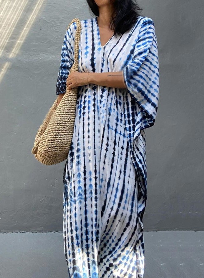 Moss Rose Women Summer Caftan Coverups Dress Kimono Beach Vacation Wear V Neck Print Maxi Boho Dress - Image 3