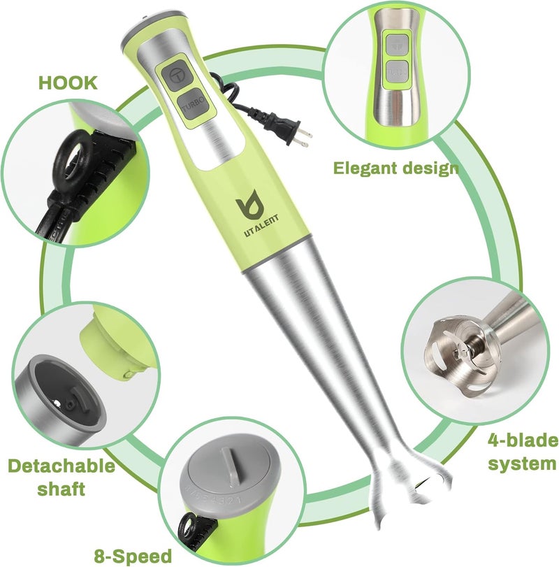 UTALENT Immersion Hand Blender, 5-in-1 8-Speed Stick Blender with 500ml Food Grinder, BPA-Free, 600ml Container,Milk Frother,Egg Whisk,Puree Infant Food, Smoothies, Sauces and Soups - Green - Image 2