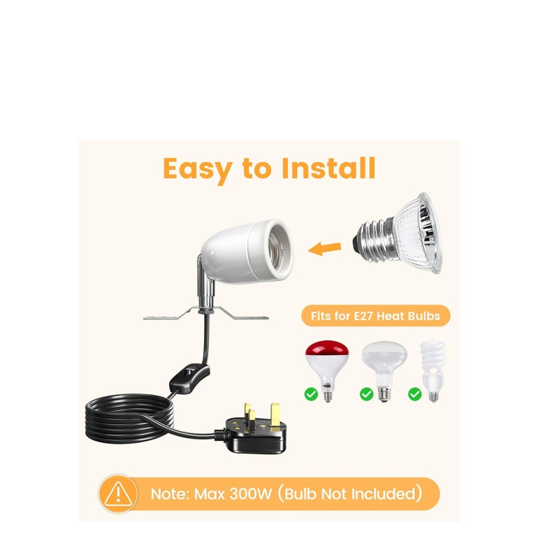 SOLARAE 300W Ceramic Reptile Heat Lamp Holder, E27 Base Ceramic Heat Bulb Holder, Rotatable Reptile Light Holder with Inline ON/Off Switch for Turtle, Snake, Lizard, Dog, Chick- No Heat Bulb - Image 2